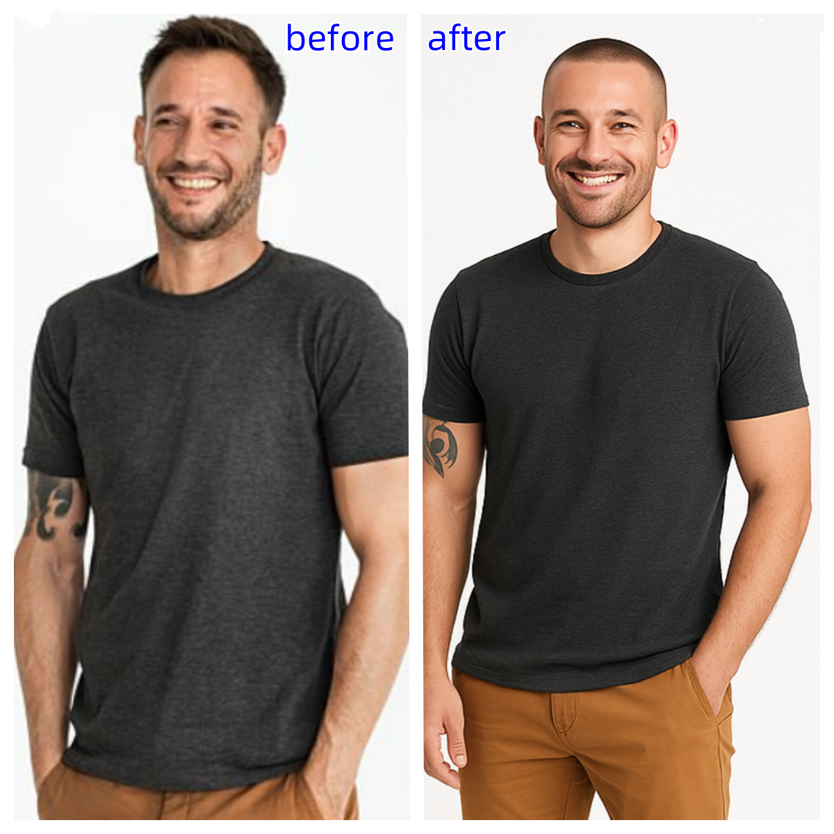 Take control of your buzz cut transformation with our professional customization options. The advanced buzz cut filter allows you to fine-tune every aspect of your military-style haircut. Before applying the buzz cut filter, you can specify preferences like length gradients, fade styles, and texture details - the more precise your specifications, the more accurate your preview will be. Our sophisticated buzz cut filter technology analyzes every aspect of your facial structure and current hairstyle to generate ultra-realistic transformations that match your requirements. The professional system provides multiple viewing angles and lighting conditions to ensure you can fully visualize your potential buzz cut style. You can adjust parameters like buzz cut length, fade positioning, and overall style to create a military-inspired look that perfectly complements your features. The buzz cut filter even simulates how your style will look as it grows out, helping you plan for maintenance. Experience the future of haircut visualization with our advanced buzz cut filter technology.